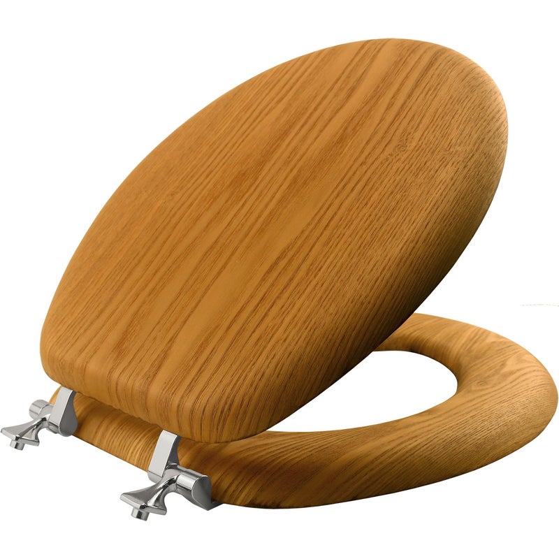 Bemis Mayfair Natural Oak Veneer Toilet Seat with Chrome Hinges, Round, Wood - Image 1